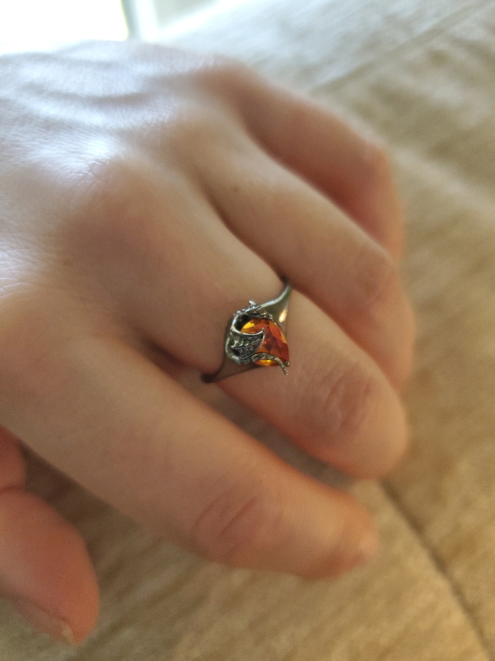 925 Sterling Silver Dragon Ring Orange/ Hot Pink Teardrop Stone Fantasy Gothic